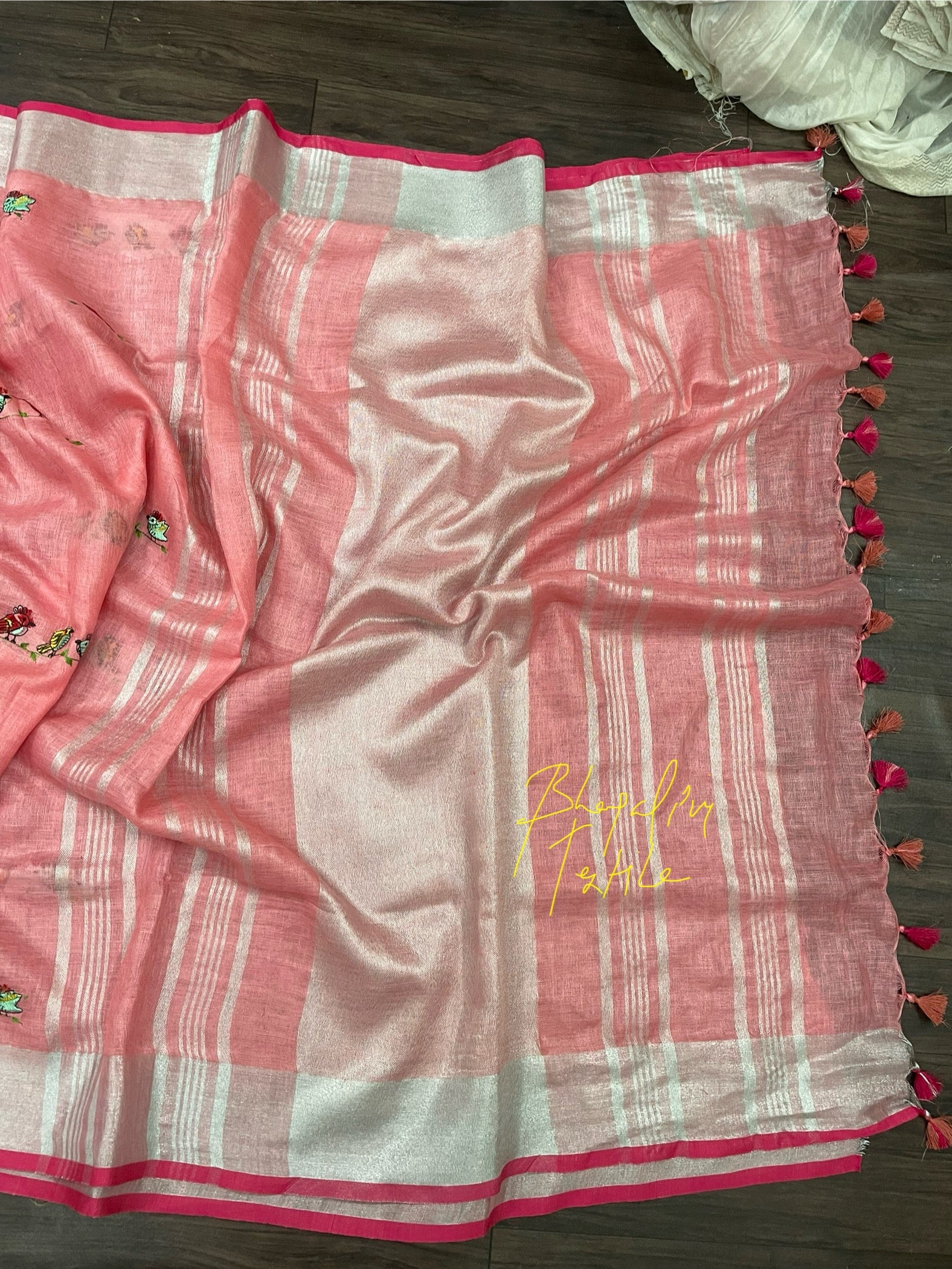 Designer peach linen saree for women, soft lightweight fabric perfect for ethnic and festive styling