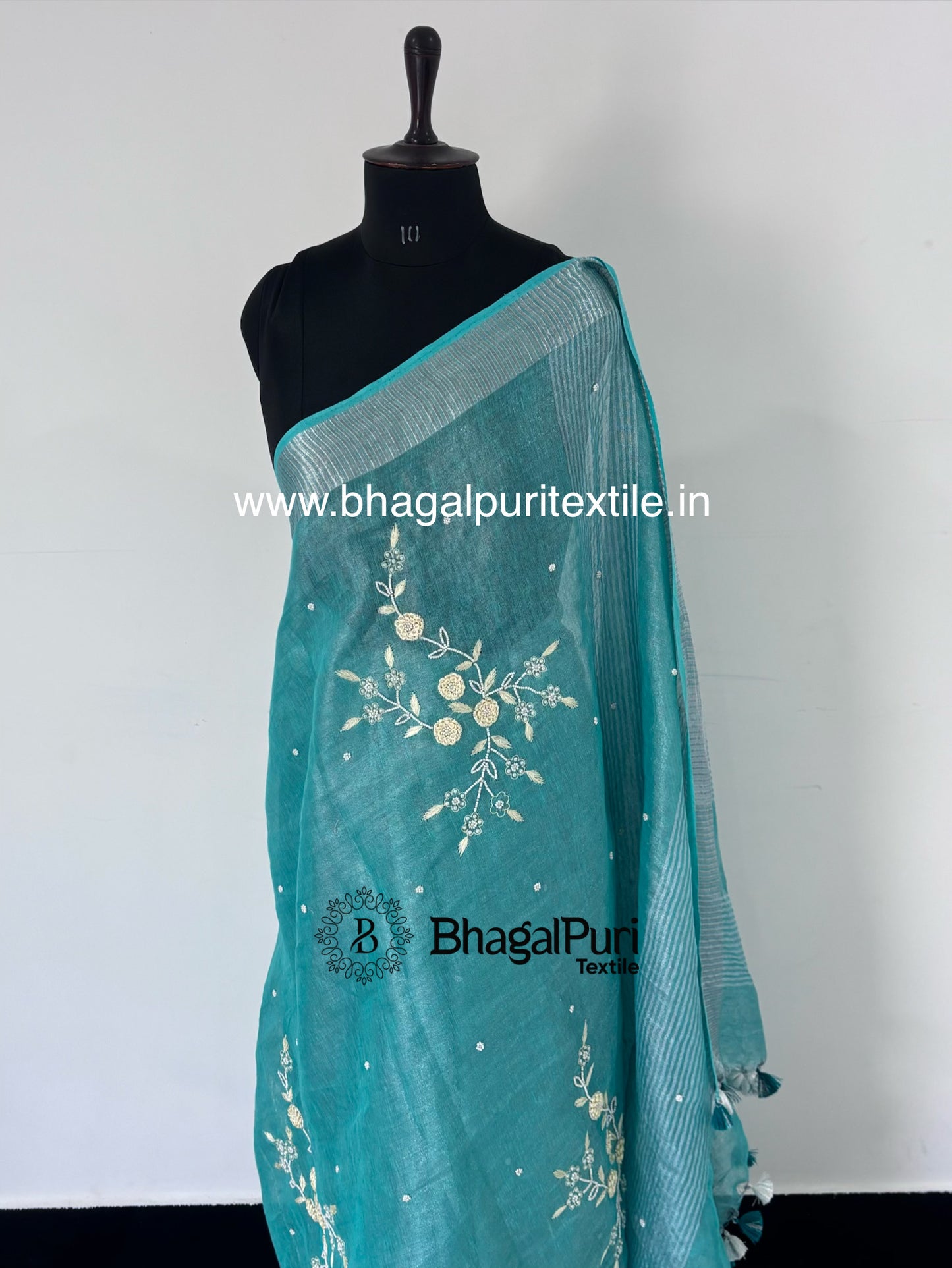 Designer tissue linen saree with intricate beads handwork and 1 meter blouse piece, lightweight festive and party wear saree for women