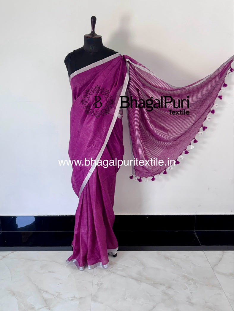 Tana Bana Linen Saree With Contrast Blouse 1 m (Search code-1080)