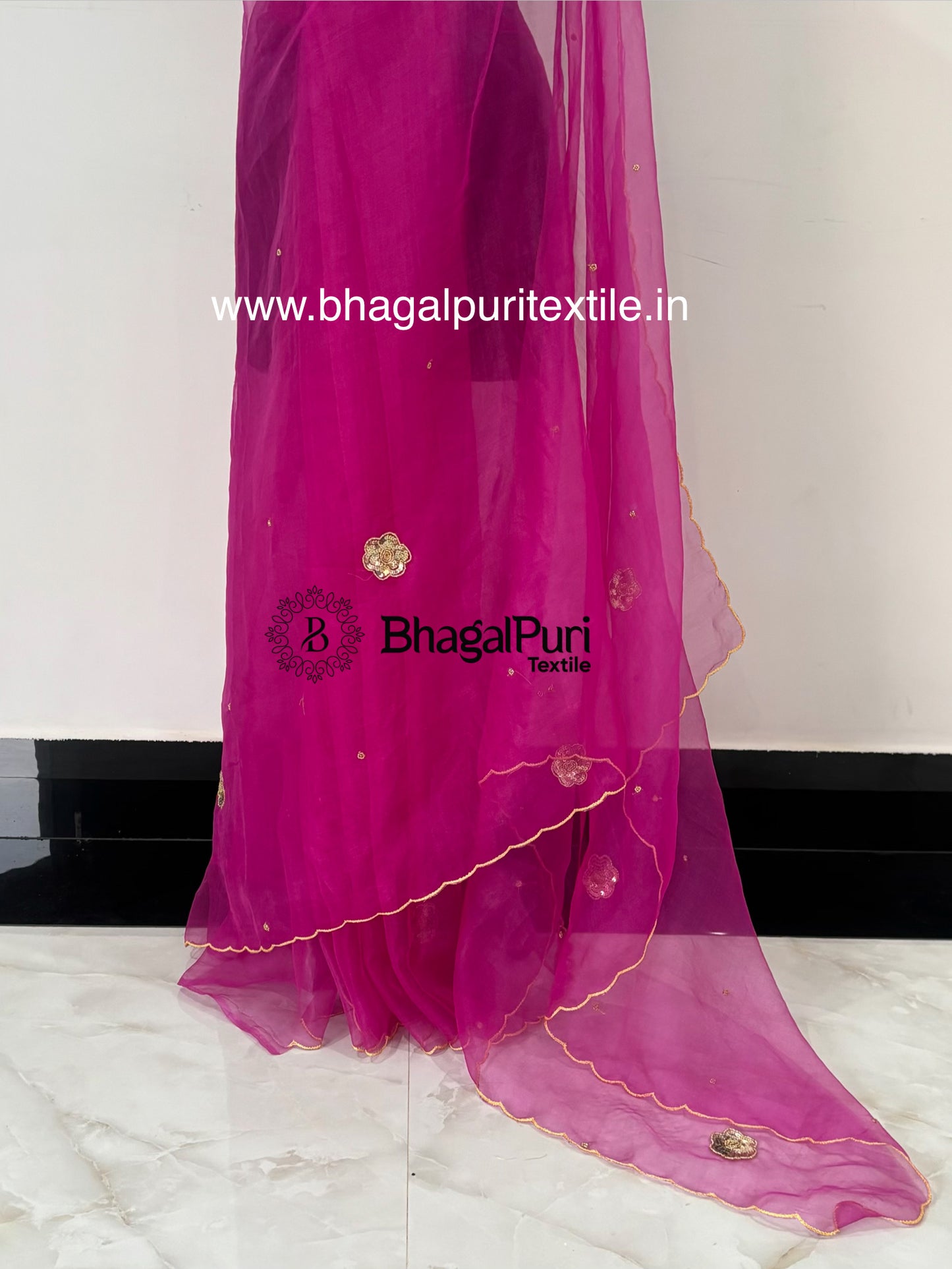 Gulnaar Bloom Magenta Pink Organza Handwork Saree with Floral Sequins & Scalloped Border (Search Code-10191).