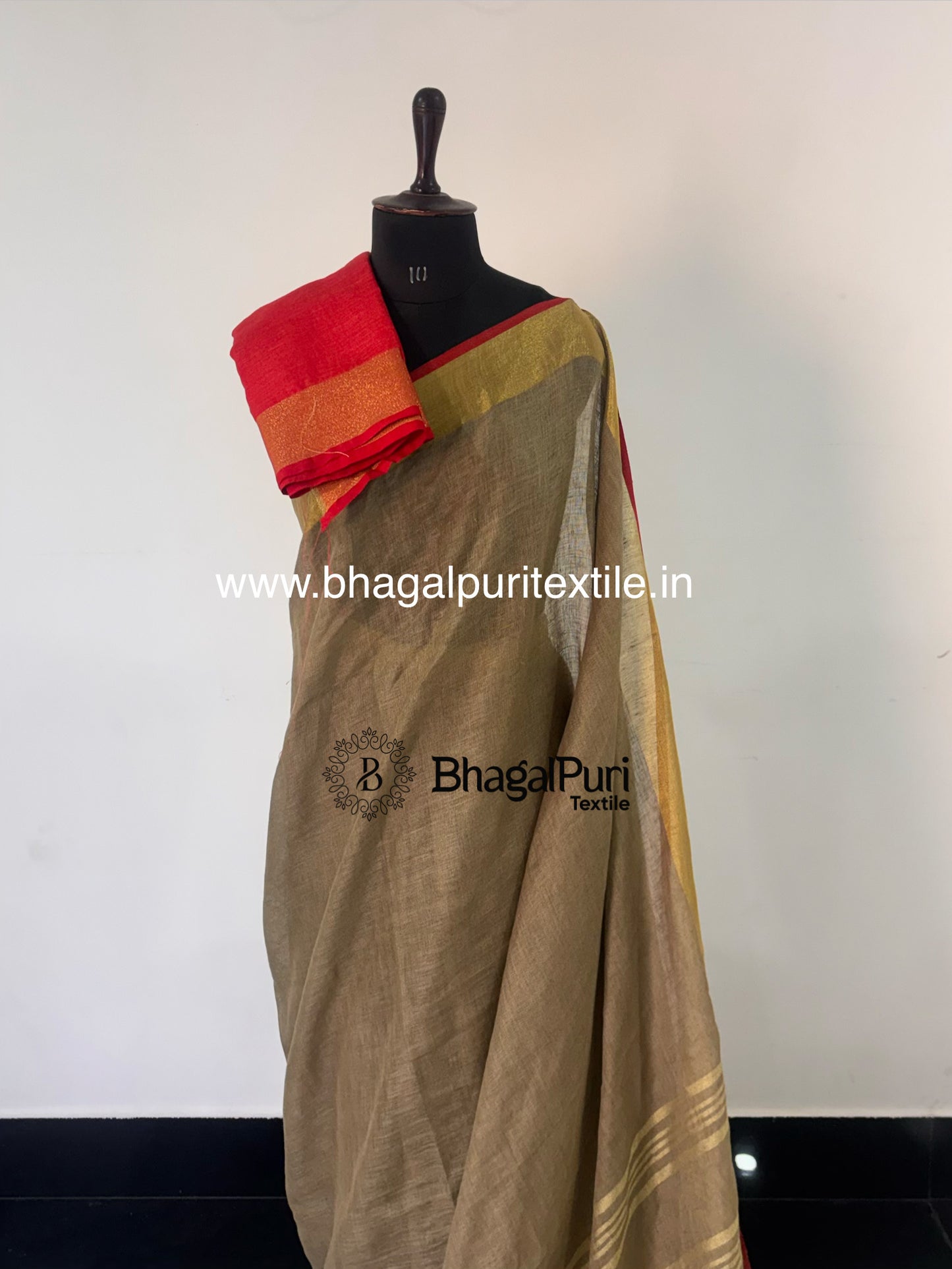 Soft Khaki Linen Saree with Bold Red Border (Search code-10183).