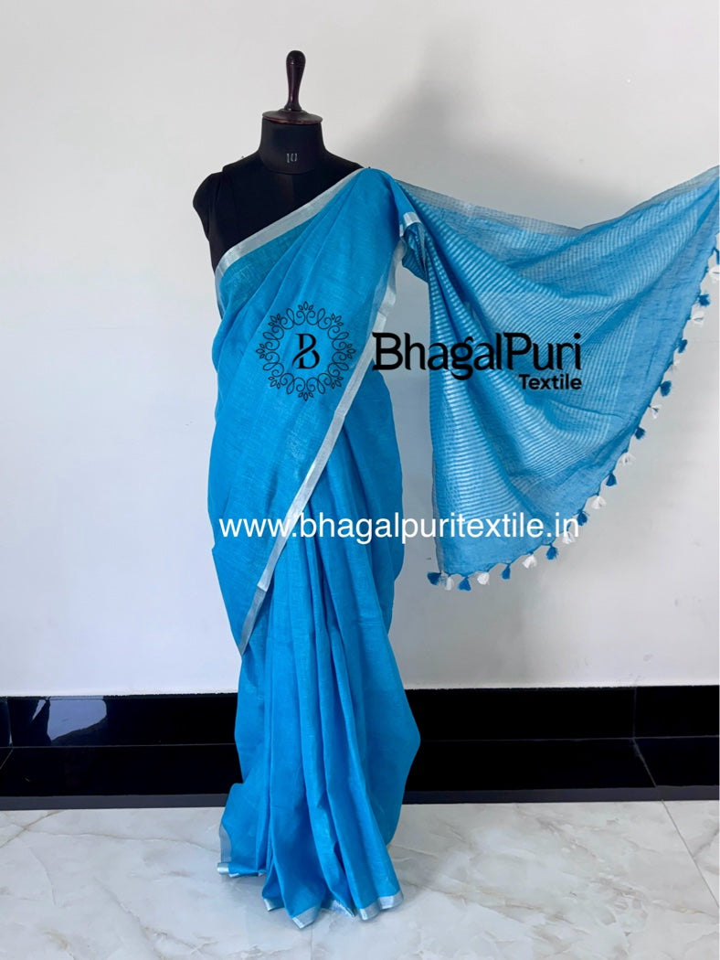 Tana Bana Linen Saree With Contrast Blouse 1 m (Search code-1080)