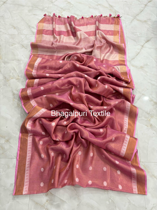 Polka Dot Linen Tissue Saree With Temple Border (Search Code-1057)