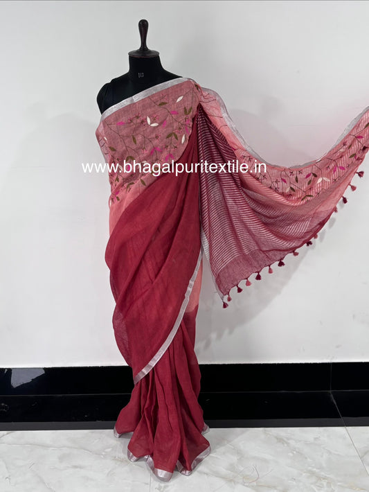 Dual Tone Linen Hand Embroidered Saree in Rose Red & Peach (Search code-10177).