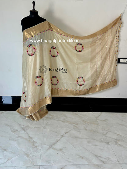 Zarafshan – Ivory Tussar Silk Saree with Intricate Hand-Embroidered Buta With Running Blouse 1m (Search Code-10192).