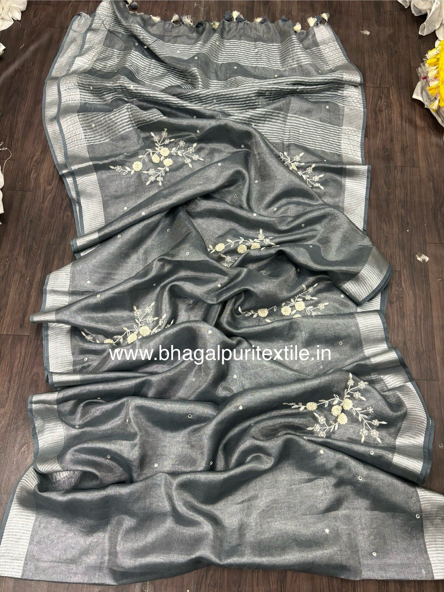 Tissue Linen Hand Embroidered Saree (Search Code -1006)
