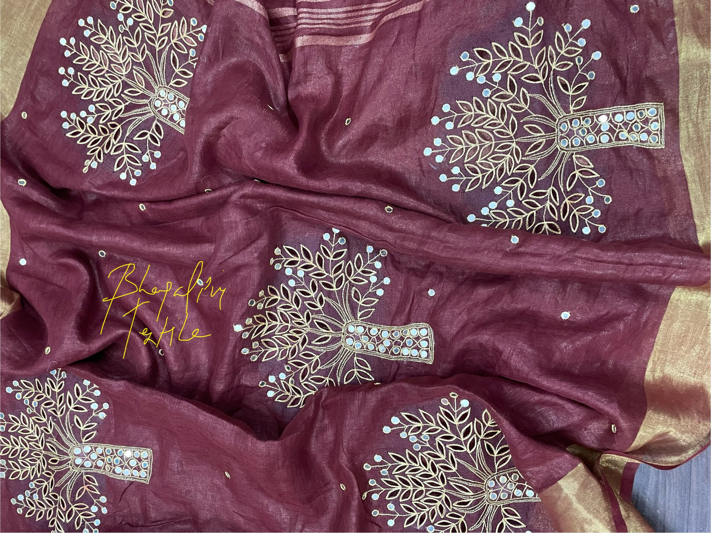 Pure Linen Hand Cutwork Tree Embroidered Saree(Search Code-10135)