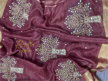 Pure Linen Hand Cutwork Tree Embroidered Saree(Search Code-10135)