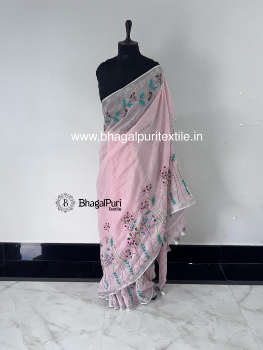 Rose Petal Hand Embroidered Linen Saree (Search Code-1044)
