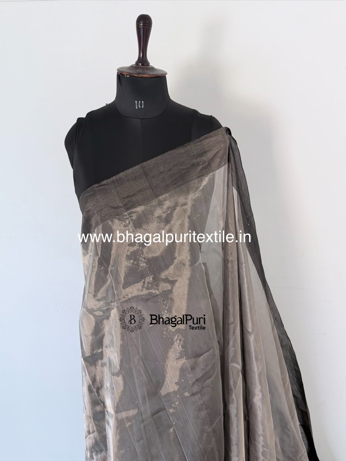 Premium Handloom Smoky Silver Tissue Silk Saree with Black Contrast Border & Contrast Blouse 1m (Search Code-10188)