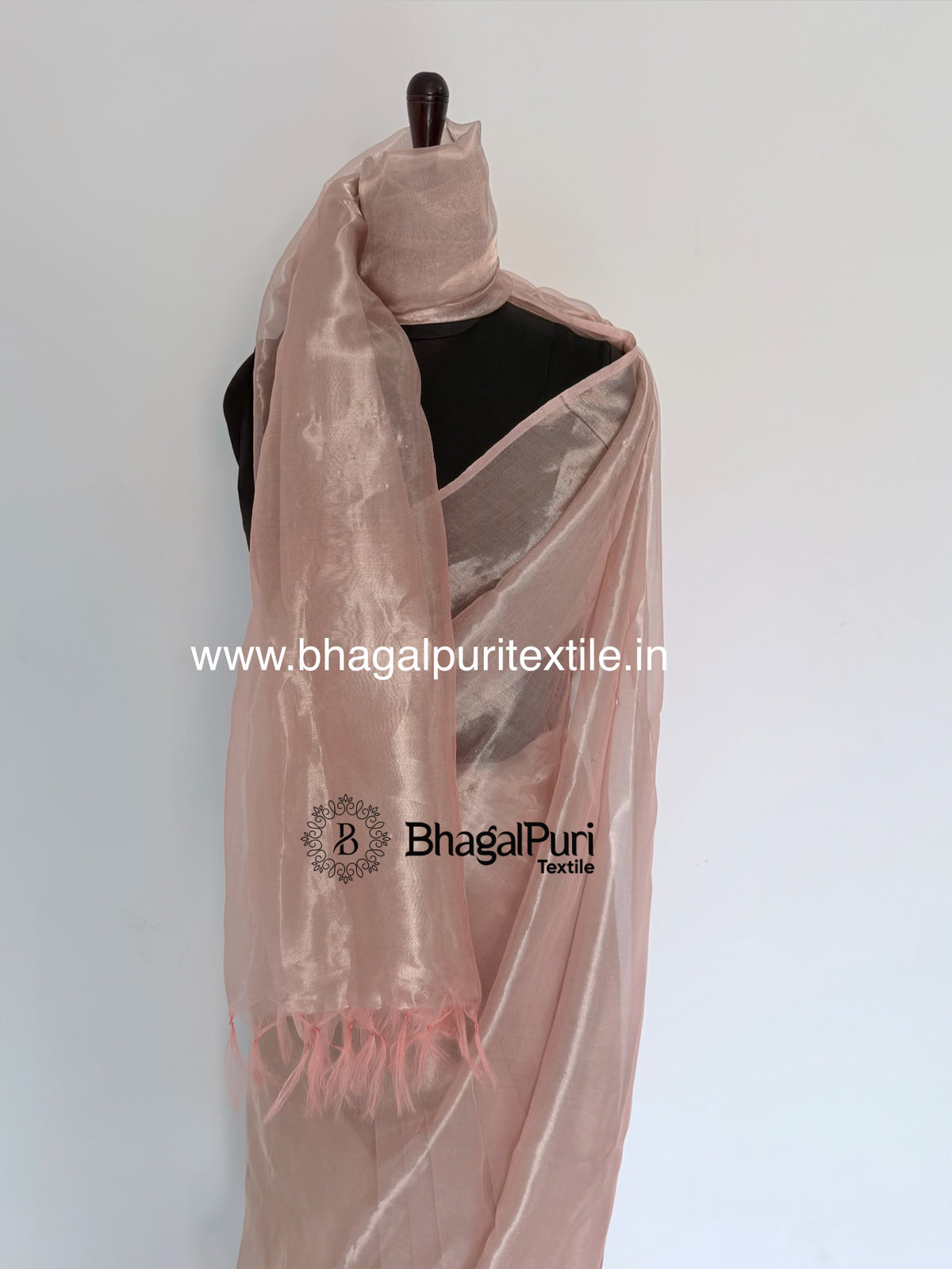 Powder Pink Glass Tissue Silk Saree with Running Blouse 1m (Search Code-10159).