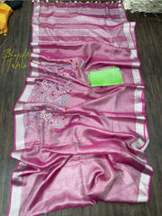 GleamingGrace Hand Embroidered Tissue Linen Saree