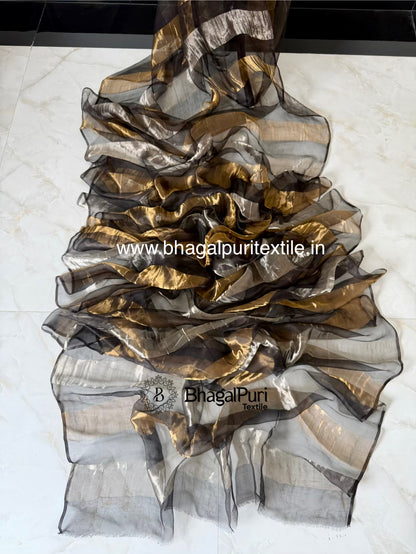 Royal Charcoal Gold & Silver Organza TissueSilk Saree  (Search Code-10193).
