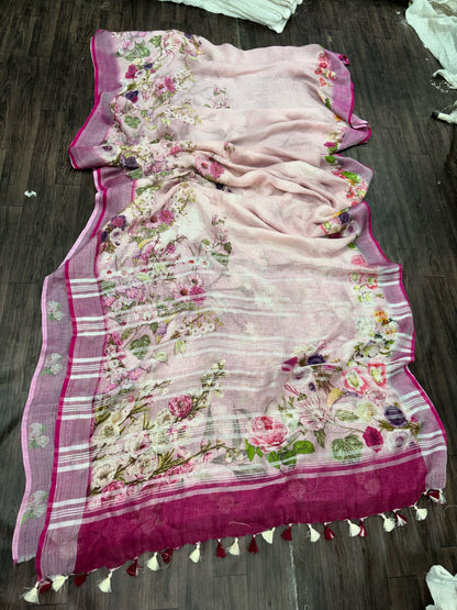 Linen Digital Print Saree(Search Code-10133)