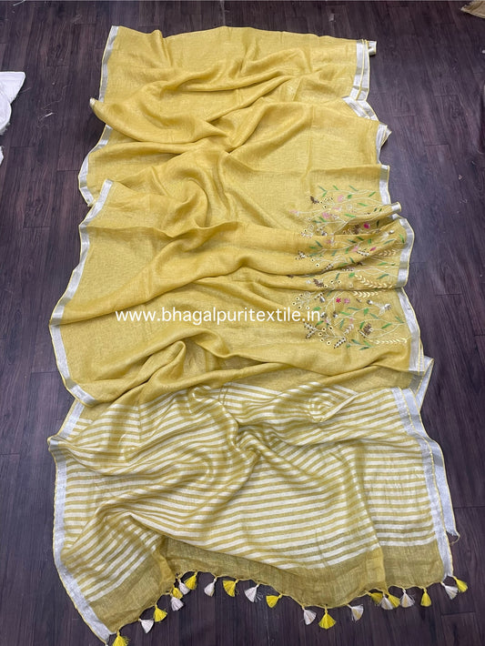Linen Hand Embroidered Saree Yellow (Search Code-1026)