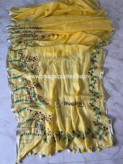 Sunshine Yellow Hand Embroidered Linen Saree (Search Code-1044)