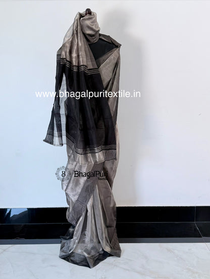 Premium Handloom Smoky Silver Tissue Silk Saree with Black Contrast Border & Contrast Blouse 1m (Search Code-10188)
