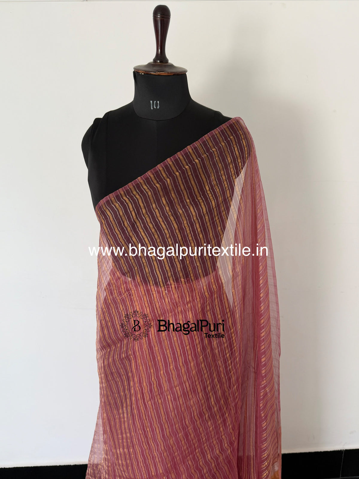 Onion Pink Gold & Silver Stripe Tissue Silk Saree (Search Code-10189).