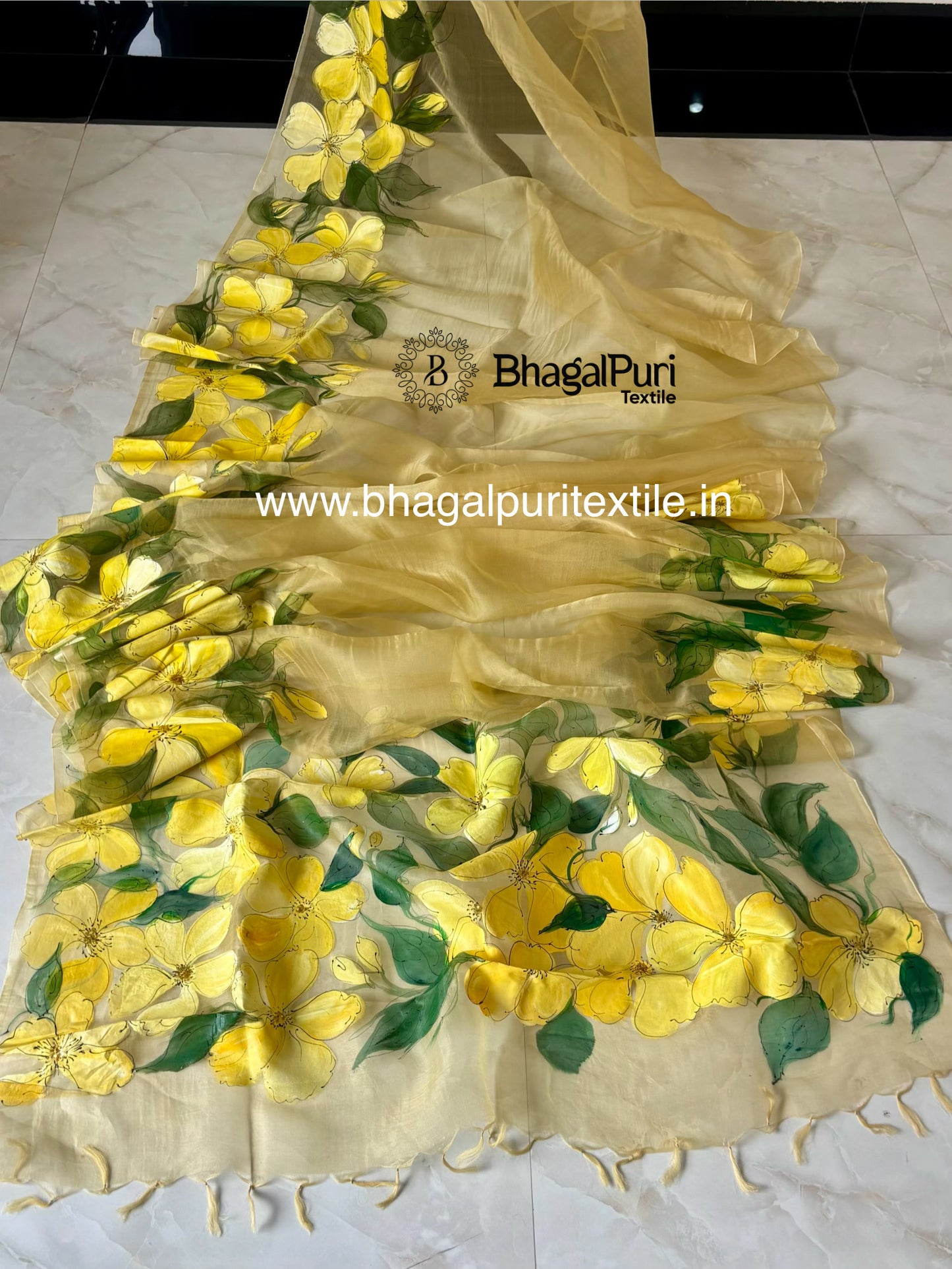 Golden Petals Organza Full Hand Paint ArtSaree With Painted Blouse 1m (Search Code-10190).