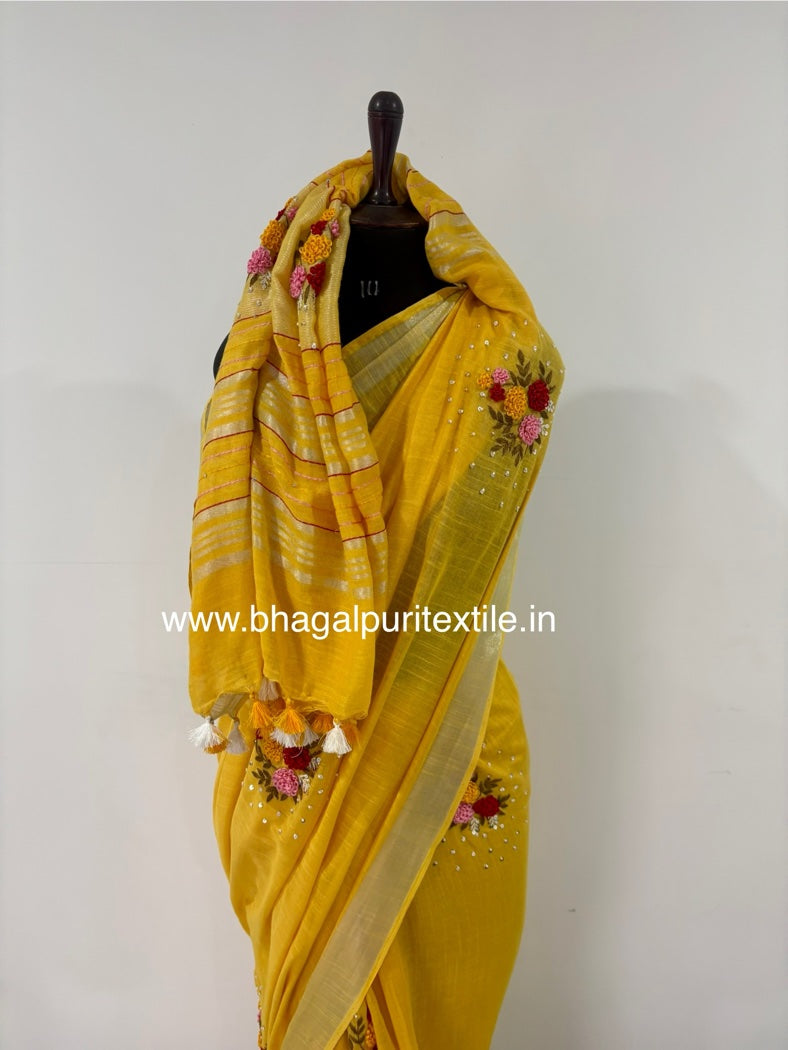 Golden Glow Cotton Hand Embroidered Fench knot Saree (Search Code -1025)