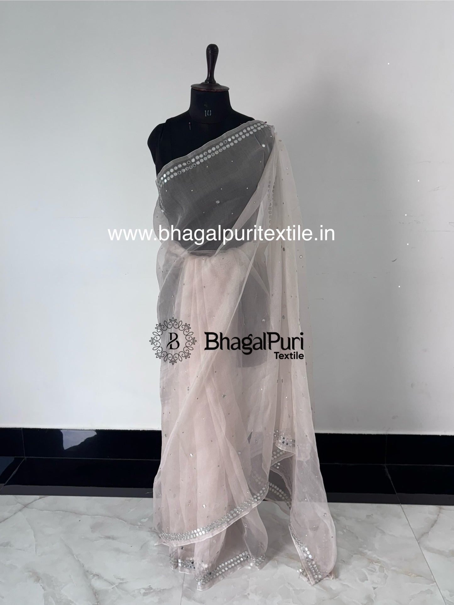 Festive Glow Organza Mirror Work Saree with blouse, lightweight designer saree for festival, party and wedding wear with elegant mirror embroidery.