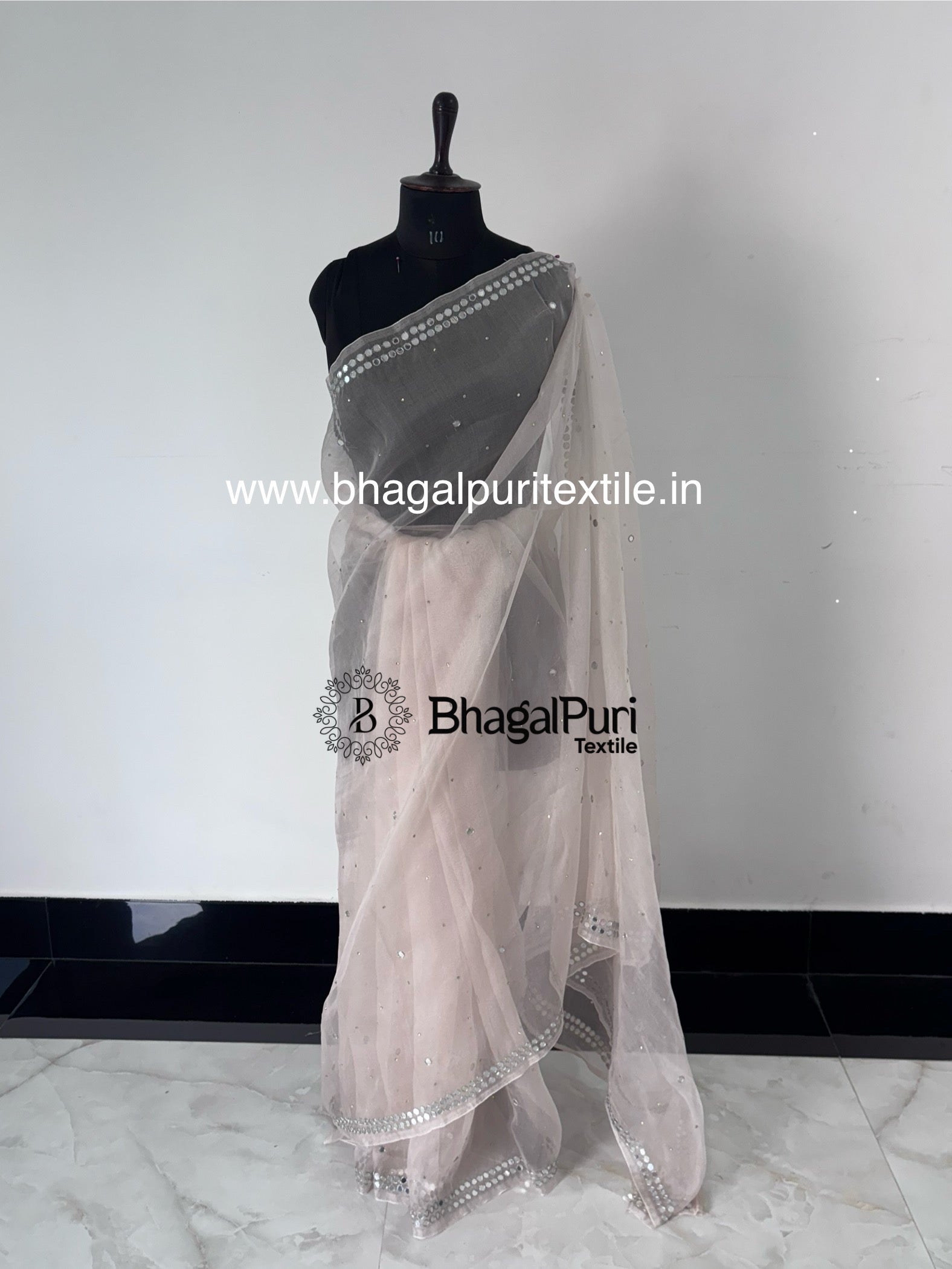 Festive Glow Organza Mirror Work Saree with blouse, lightweight designer saree for festival, party and wedding wear with elegant mirror embroidery.