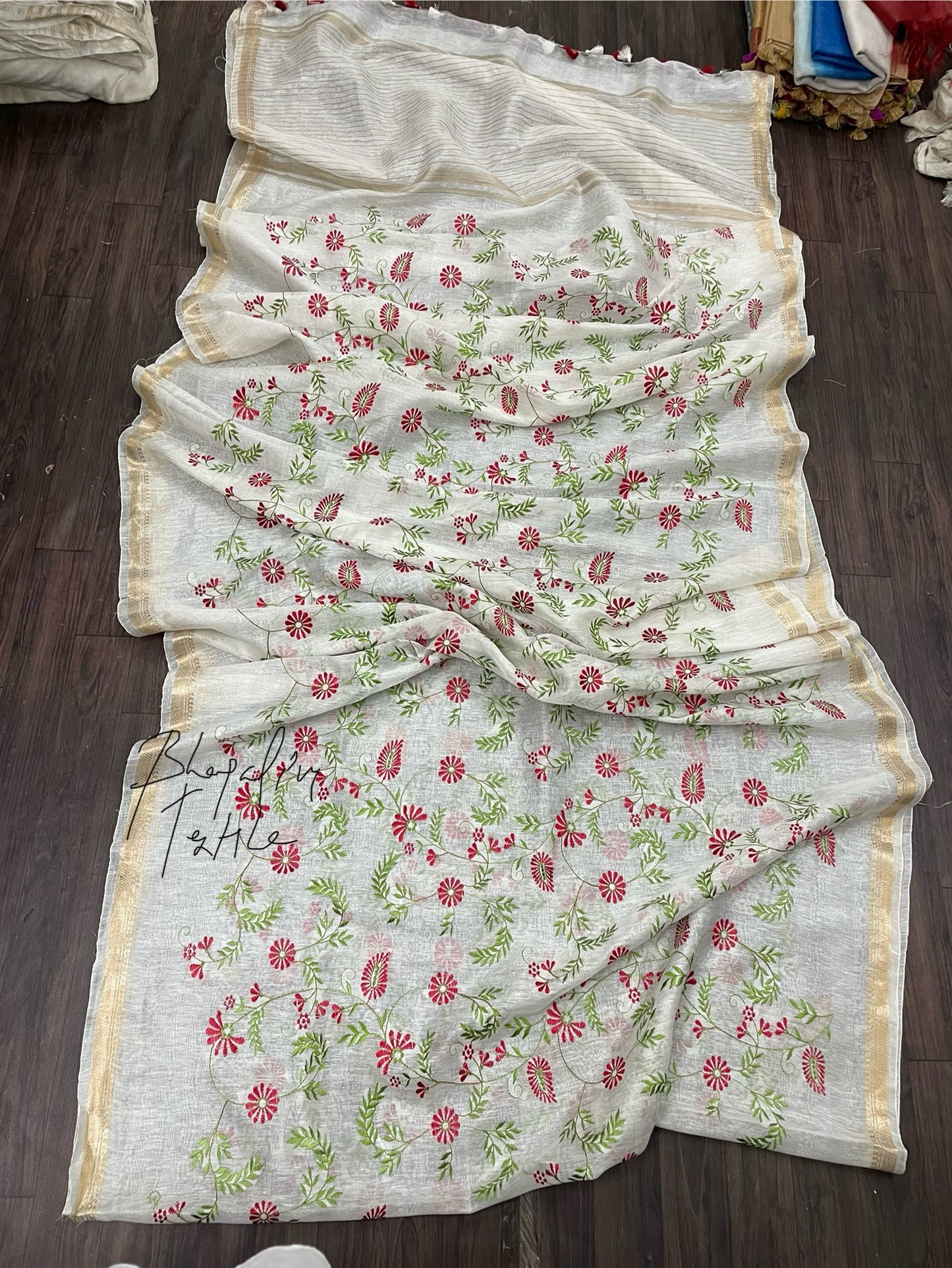 Silk Linen Digital Embroidered Saree White (Search Code -1017)