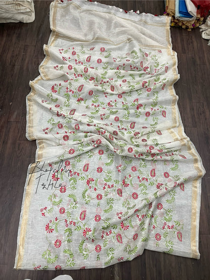 Silk Linen Digital Embroidered Saree White (Search Code -1017)