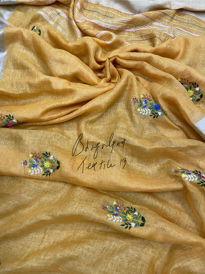 Linen Haldi Hand Embroidered Saree(Search Code-10132)