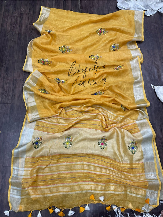 Linen Haldi Hand Embroidered Saree