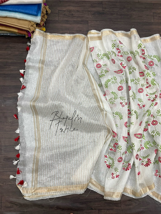 Silk Linen Digital Embroidered Saree White (Search Code -1017)
