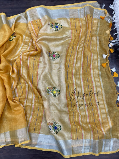 Linen Haldi Hand Embroidered Saree(Search Code-10132)