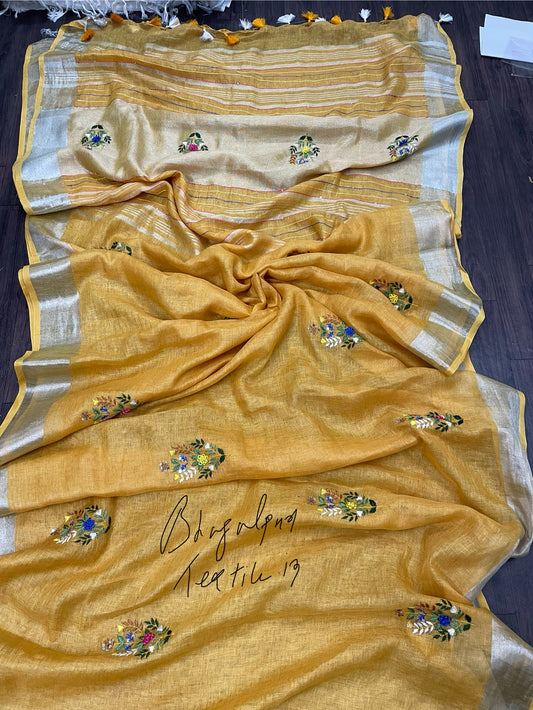 Linen Haldi Hand Embroidered Saree