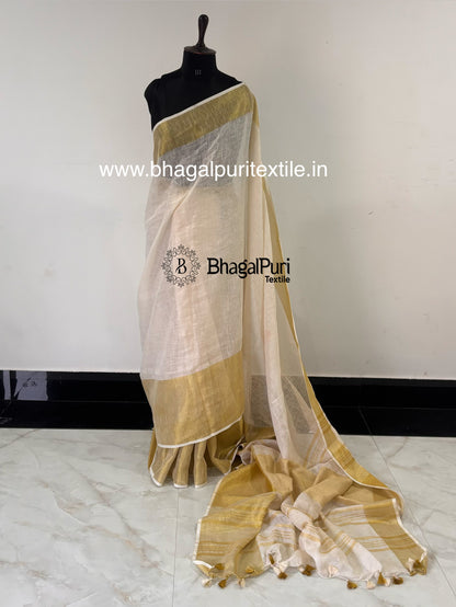 Elegant white linen saree featuring luxurious golden Mahapad border with classy ethnic style
