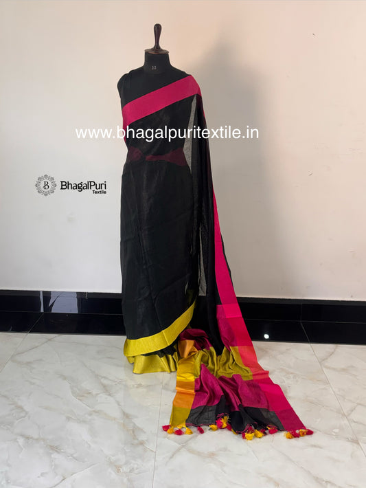 Premium handloom style black linen saree with designer multicolor pallu