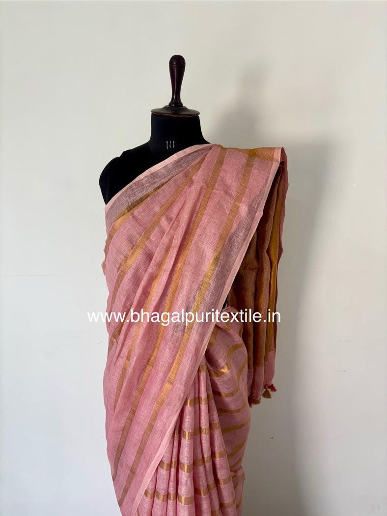 Gulnaar Zari Linen Baby Pink Saree (Search Code-1072) – Bhagalpuri