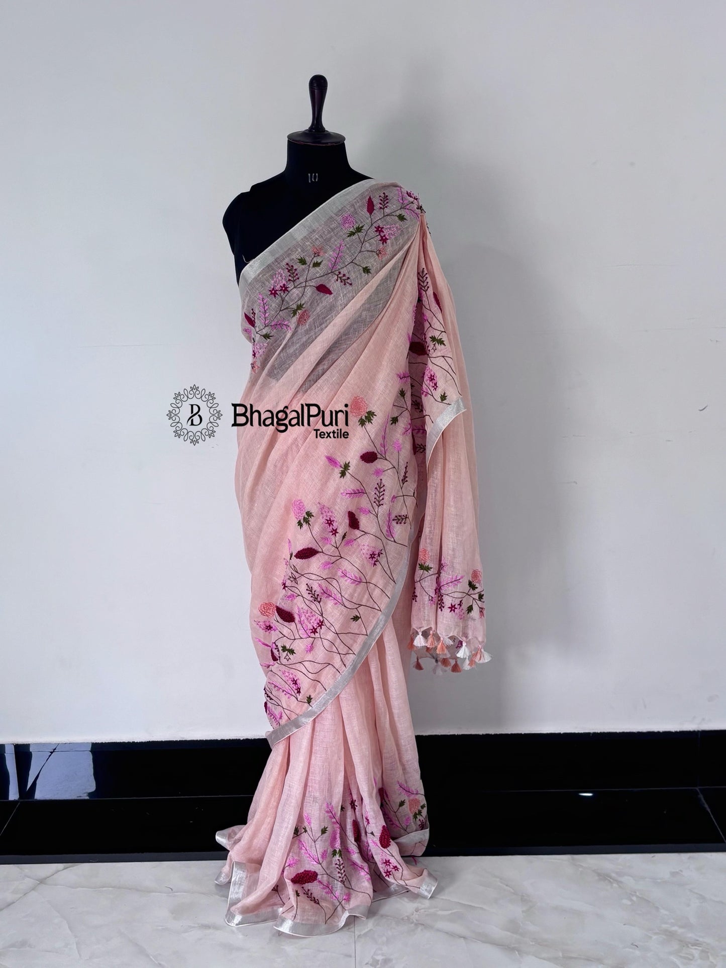 Rang-e-Gulaab Linen Hand Embroidered Saree Full 4.5m Work With Running Blouse 1m (Search code-1083)