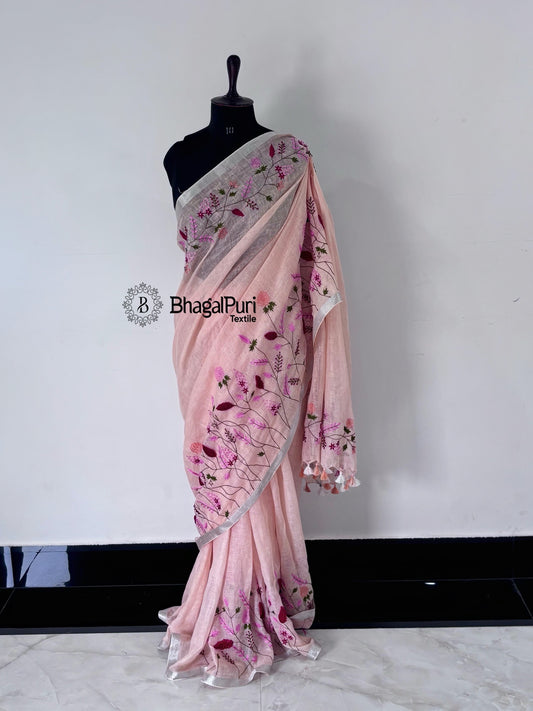 Rang-e-Gulaab Linen Hand Embroidered Saree Full 4.5m Work With Running Blouse 1m (Search code-1083)