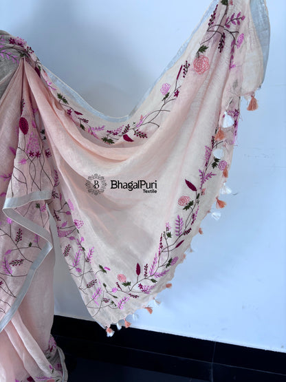 Rang-e-Gulaab Linen Hand Embroidered Saree Full 4.5m Work With Running Blouse 1m (Search code-1083)