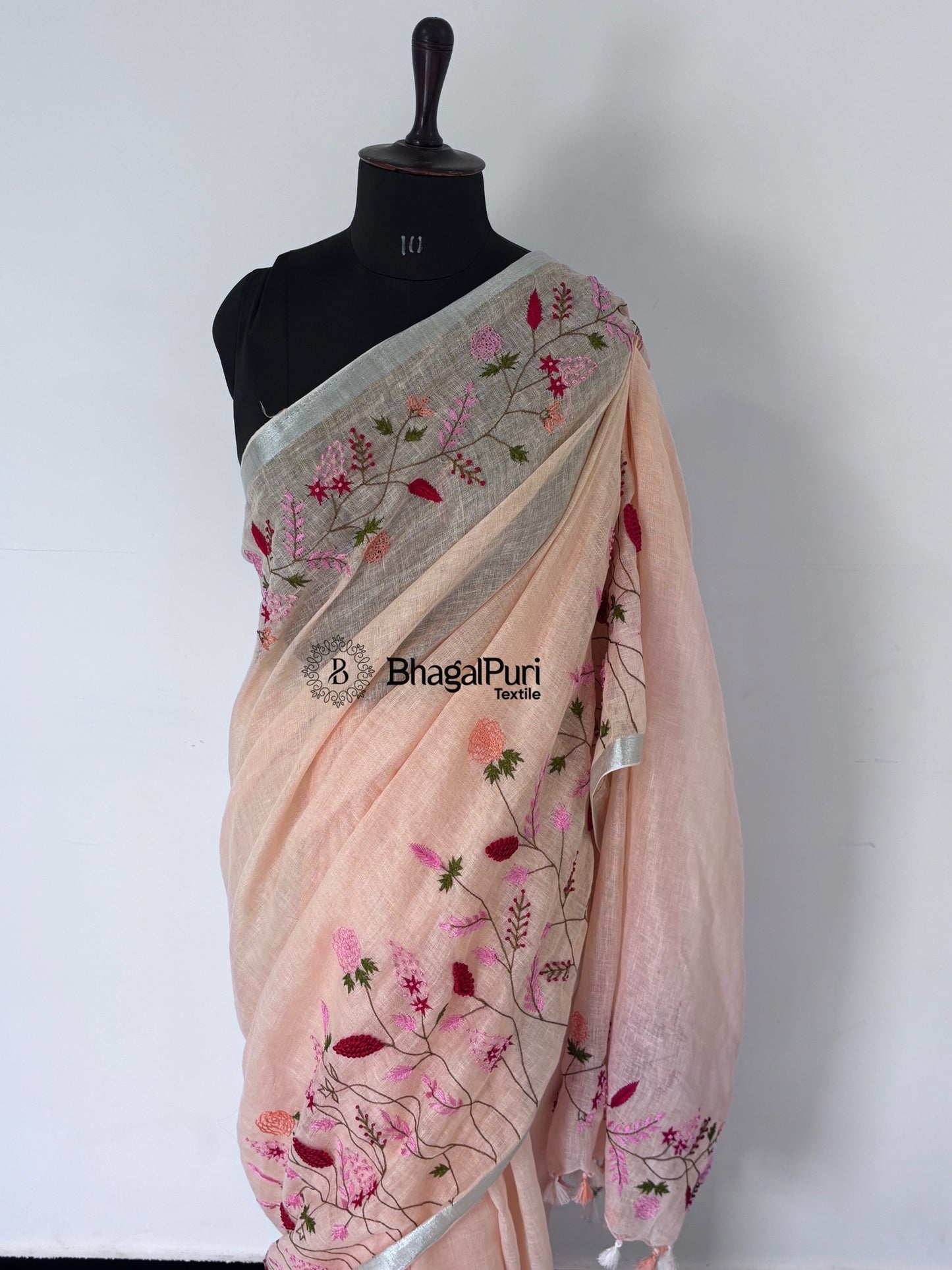 Rang-e-Gulaab Linen Hand Embroidered Saree Full 4.5m Work With Running Blouse 1m (Search code-1083)