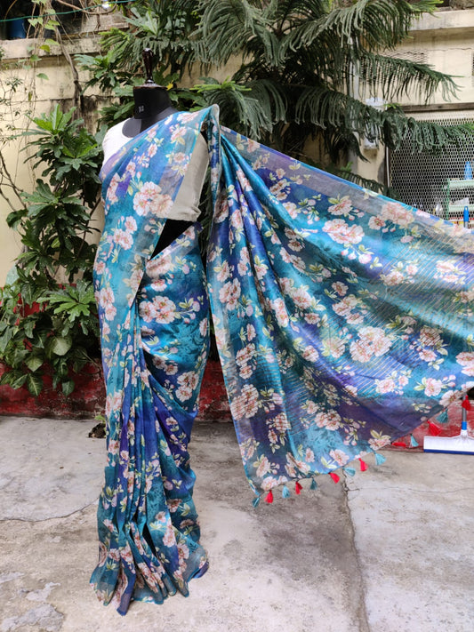 Silk  Linen Bunchy Flower Digital Print saree