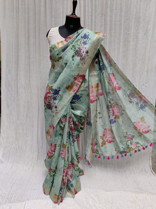 Silk linen Digital print saree (Search Code-1047)