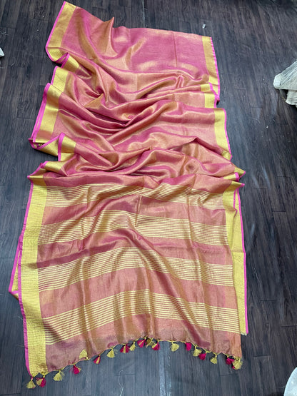 Golden Tissue linen Saaree (Search Code-1008)