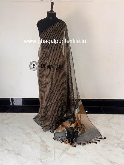 Twin Shine Gold & Silver Stripes Tissue Silk Saree with Contrast Pallu (Search Code-10189).