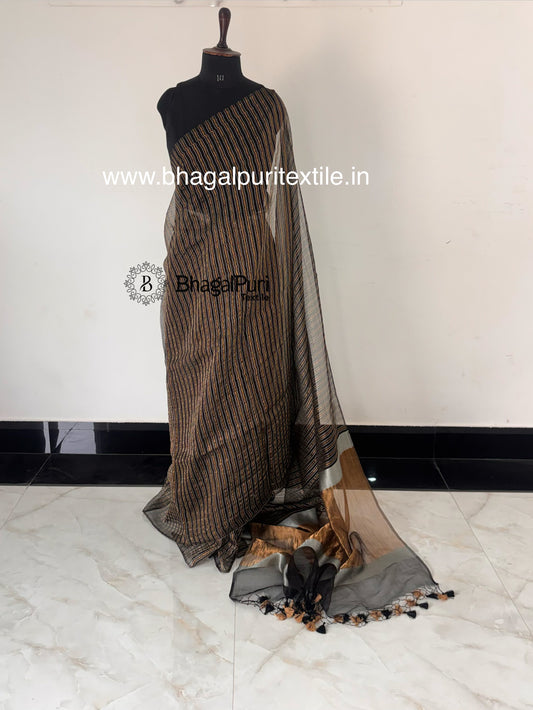 Twin Shine Gold & Silver Stripes Tissue Silk Saree with Contrast Pallu (Search Code-10189).