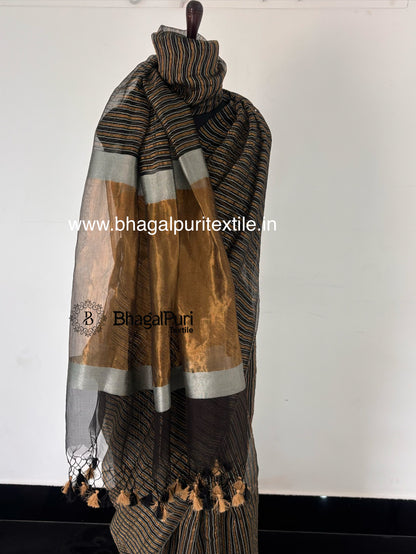 Twin Shine Gold & Silver Stripes Tissue Silk Saree with Contrast Pallu (Search Code-10189).