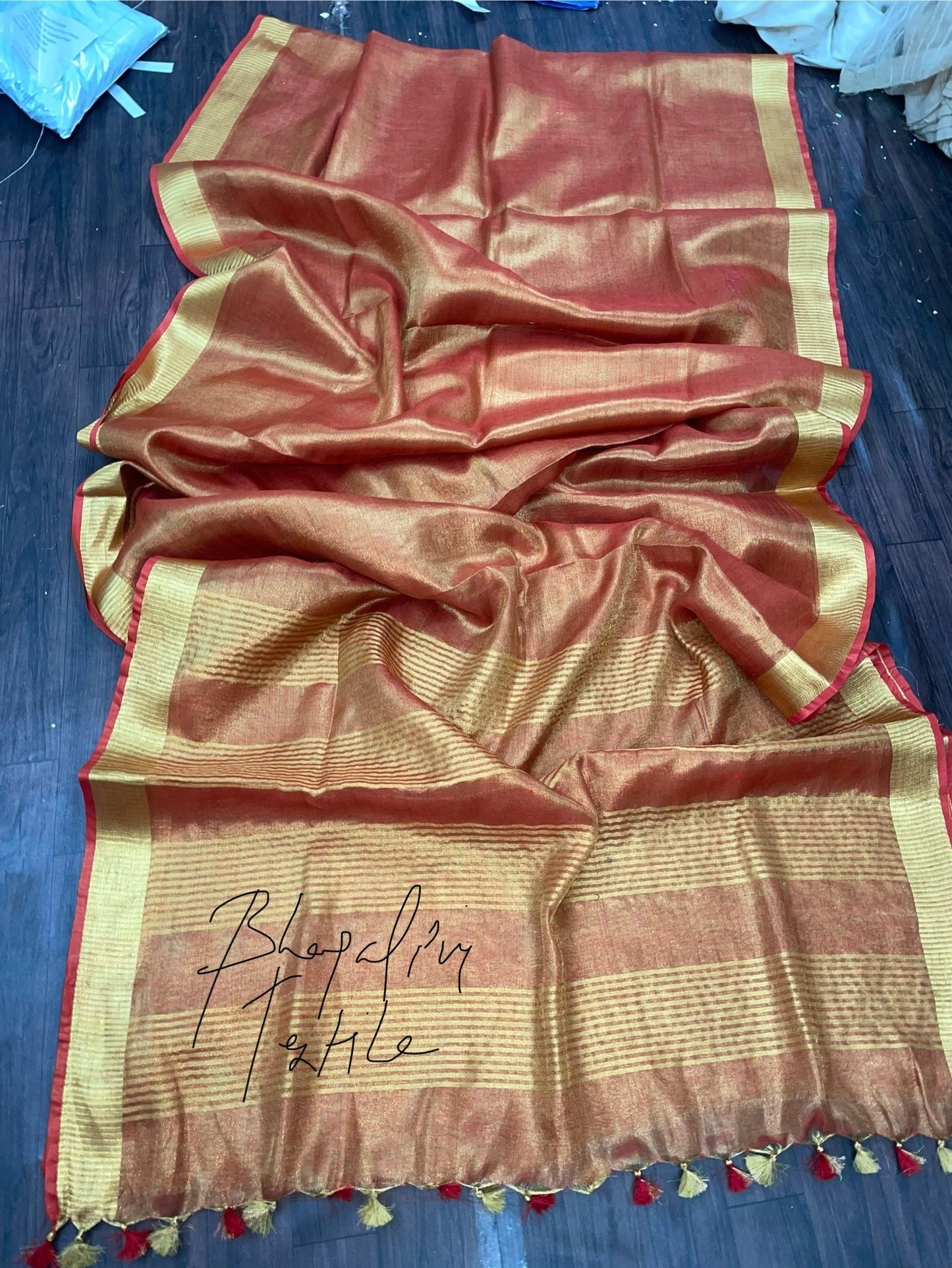 Golden Tissue linen Saaree (Search Code-1008)