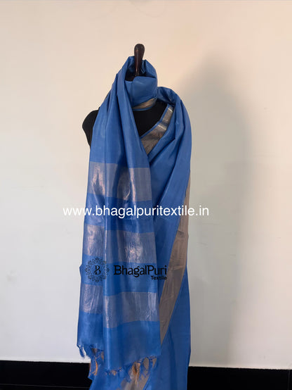 Majestic Blue Tussar Silk Saree With Running Blouse 1 m (Search Code-1039)
