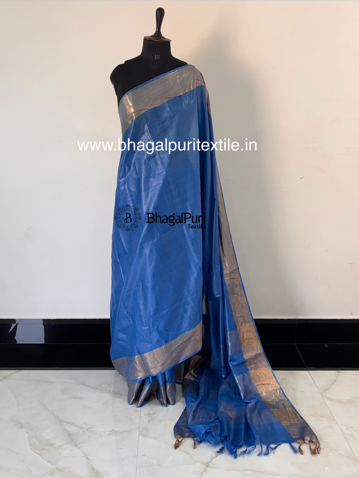 Majestic Blue Tussar Silk Saree With Running Blouse 1 m (Search Code-1039)