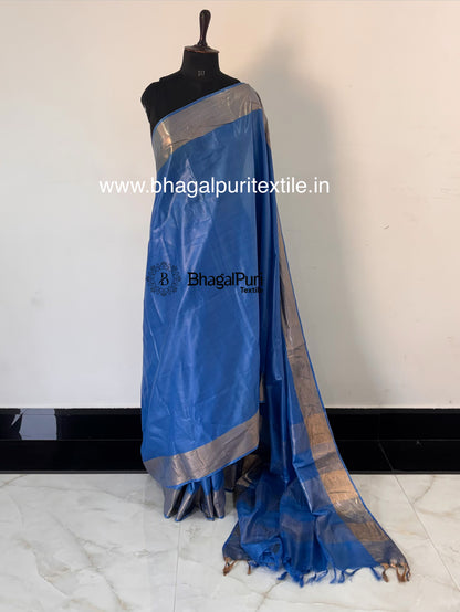 Majestic Blue Tussar Silk Saree With Running Blouse 1 m (Search Code-1039)